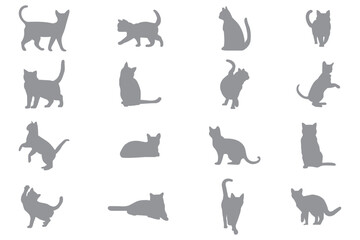 Set of cats silhouette in different poses. Black Cat Set Isolated White Background . 
