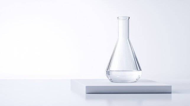 Glass Erlenmeyer Flask on White Cube Minimalist Studio Lighting High-resolution Front View Clean Lines, Empty Scientific Experiment White Background Cool Neutral Tones Perfect for Lab Product Ads