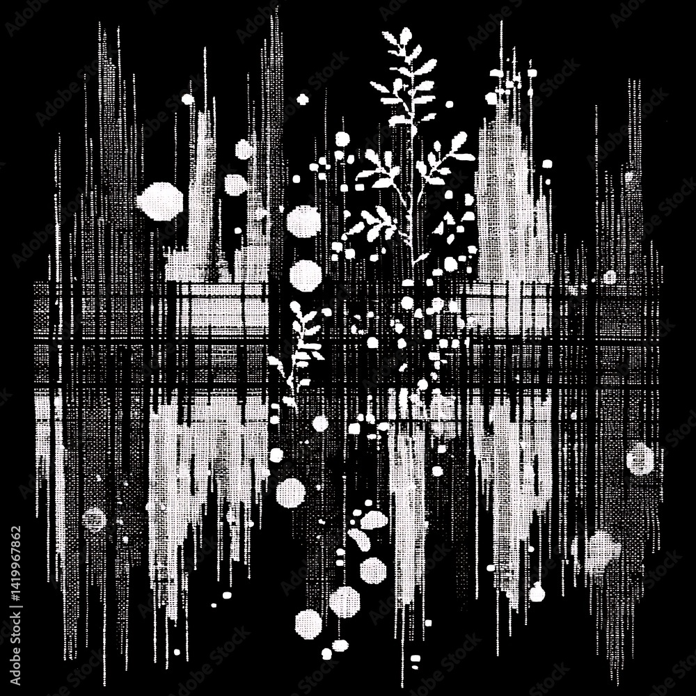 Poster abstract composition with botanical elements and geometric texture in black and white artwork style.