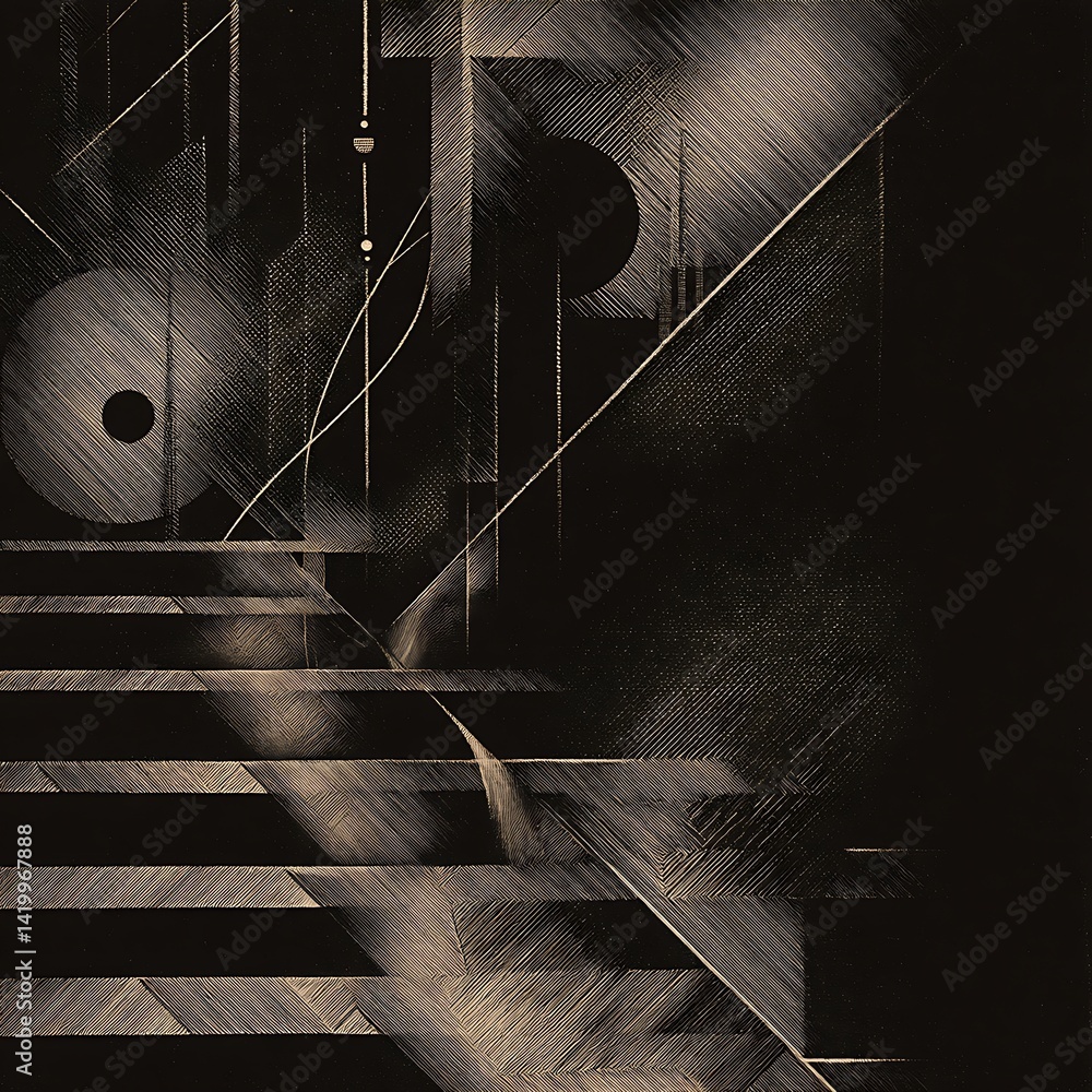 Poster abstract composition with circular elements and ascending staircase pattern in sepia tones design.