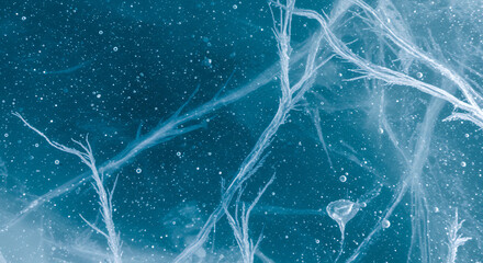 Abstract Ice Texture Frozen Winter Wonderland with Air Bubbles and Delicate Crystal Patterns