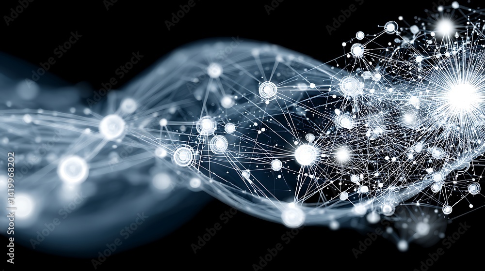 Poster abstract connected dots and lines network data communication visualization artwork.