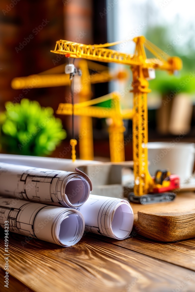 Poster construction project planning urban environment blueprint and model indoor setting close-up perspect
