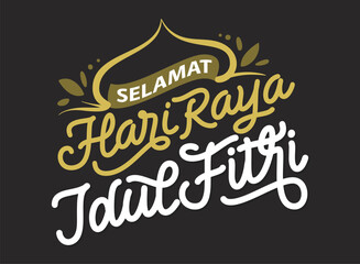Selamat hari raya idul fitri lettering vector illustration with black background
