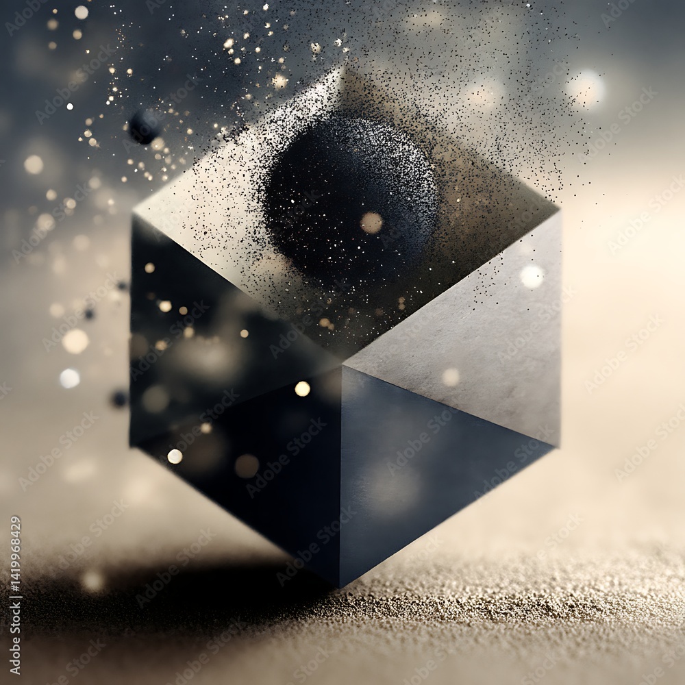 Poster abstract cube with floating sphere and sparkling dust particles geometric design and shadow play.