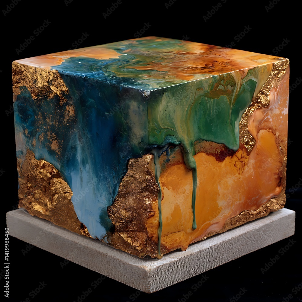 Poster abstract cube with textured golden accents fluid color drips artistic form aesthetic visual harmony.