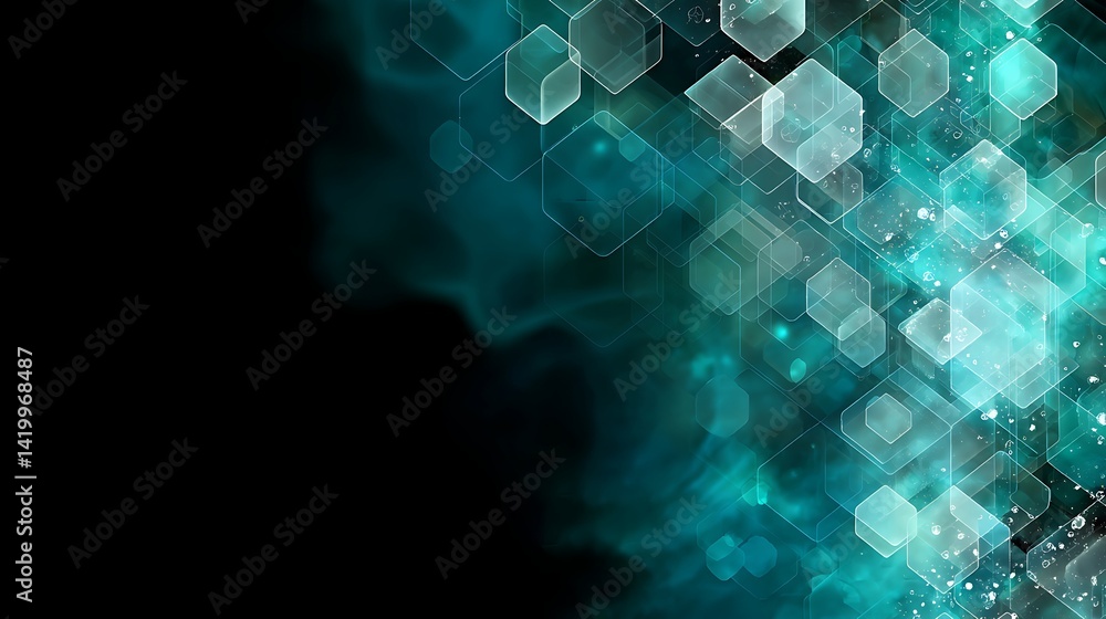 Poster abstract cubes network design with teal accents on black background for technological concepts.