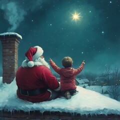 Santa Claus and Child Watching Christmas Star on Snowy Rooftop