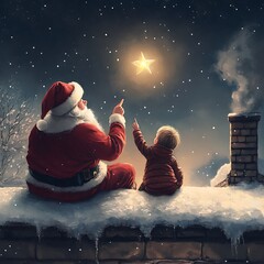 Santa Claus and Child Watching Christmas Star on Snowy Rooftop
