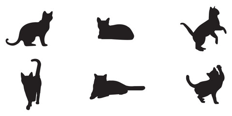 Set of cats silhouette in different poses. Hand drawn black cats isolated on white background. 