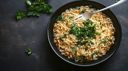 On a dark background, a bowl of noodles and a fork are prepared for a satisfying lunch or dinner experience