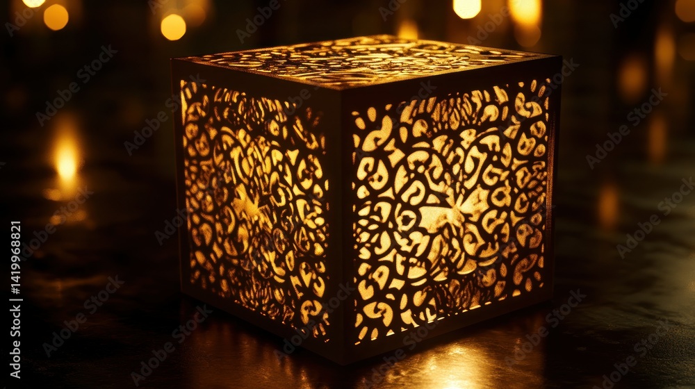 Poster an illuminated cube shaped decorative object showing intricate patterns and designs