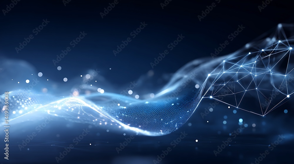 Poster abstract data network visual with connected polygons and light streaks in deep blue tones.