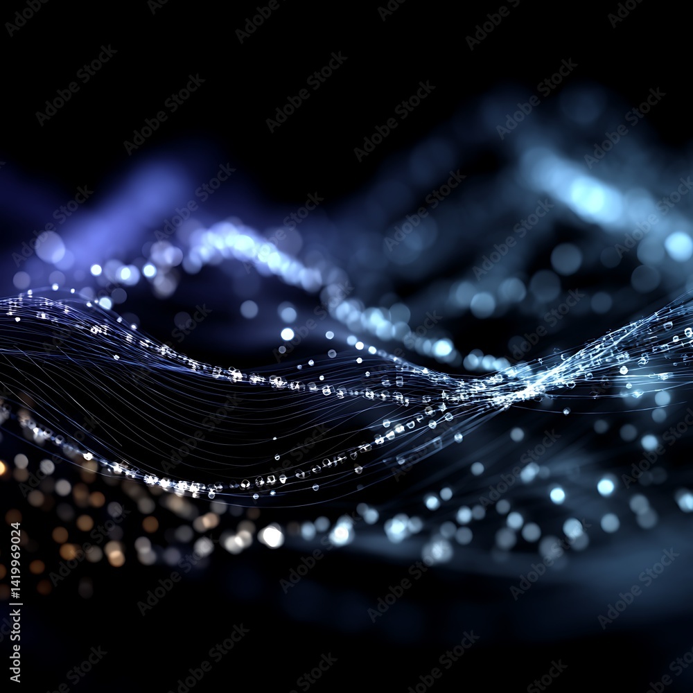 Poster abstract data stream visualization with luminous particles on dark background creates modern effect.