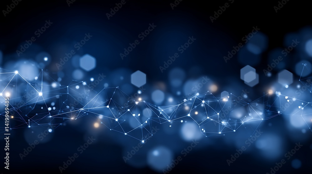 Poster abstract digital network background with interconnected points and hexagonal bokeh effect.