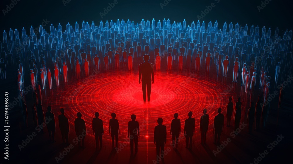 Poster a single figure stands in a red lit circle surrounded by a crowd of blue and red figures in a dark s