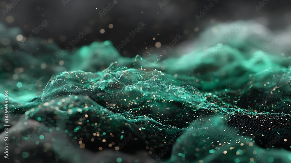 Poster abstract emerald waves with golden dust sparkles visual data flow digital art creation.
