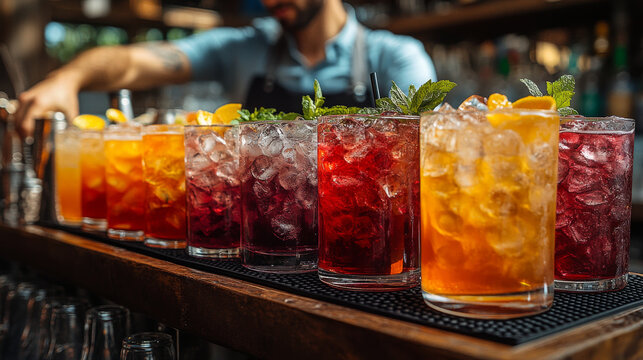 A bartender mixes colorful cocktails at an open-air event, with drinks and catering service in full swing