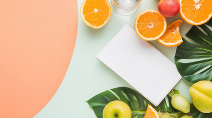 Fresh oranges, apples, and tropical leaves surround blank notebook and glass of water on pastel background, promoting health, hydration, and daily wellness inspiration