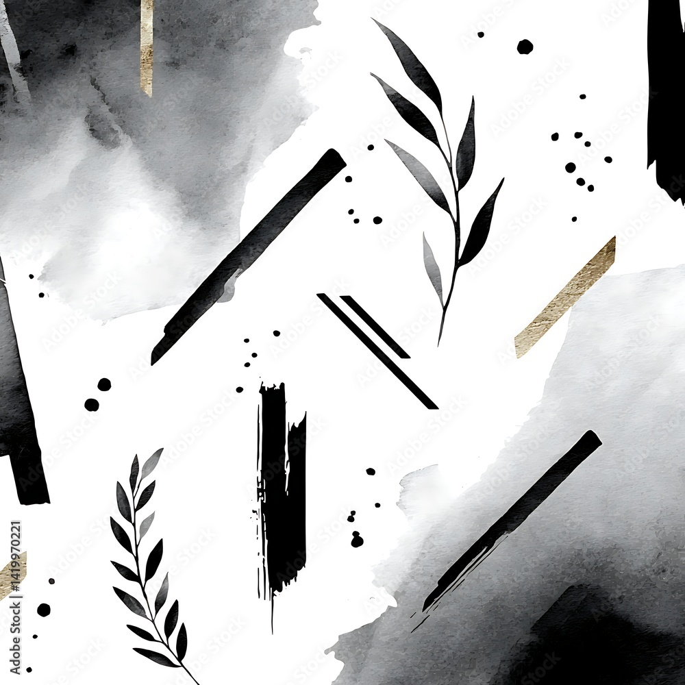Poster abstract expressionistic composition featuring geometric forms and botanical elements in muted tones