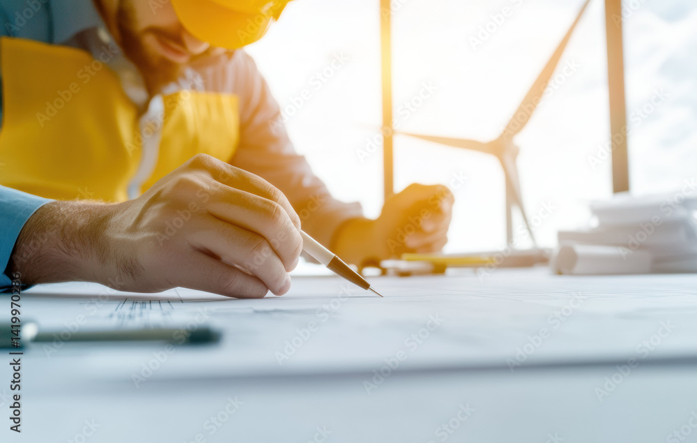 Poster professional engineer working on sustainable energy designs, drafting plans with focus and precision