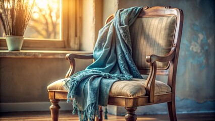 A serene armchair draped with a soft, teal throw blanket, bathed in the warm glow of a sunlit window, creates a cozy and inviting atmosphere.