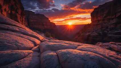 Dramatic Canyon Landscape at Sunset with Red Rocks and Starburst Sun