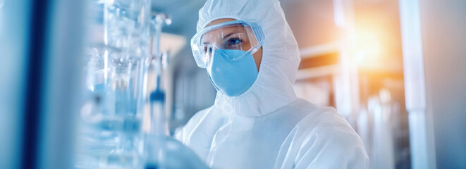 scientist protective gear works laboratory, focusing advanced research and sustainable energy solutions. scene conveys innovation and precision