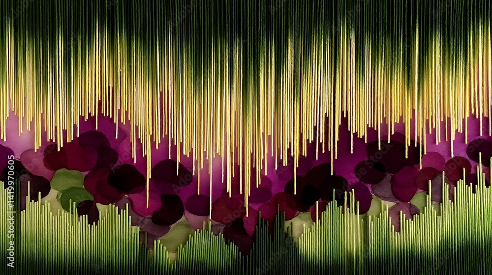 Poster abstract floral cascade of color with vertical golden lines and green botanical elements.