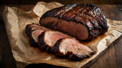 Tender Barbecue Brisket with Pink Smoke Ring and Charred Exterior 
