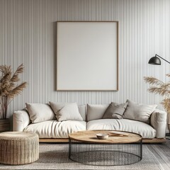 Modern cozy living room with neutral tones, minimalist design, and empty frame on the wall for art display