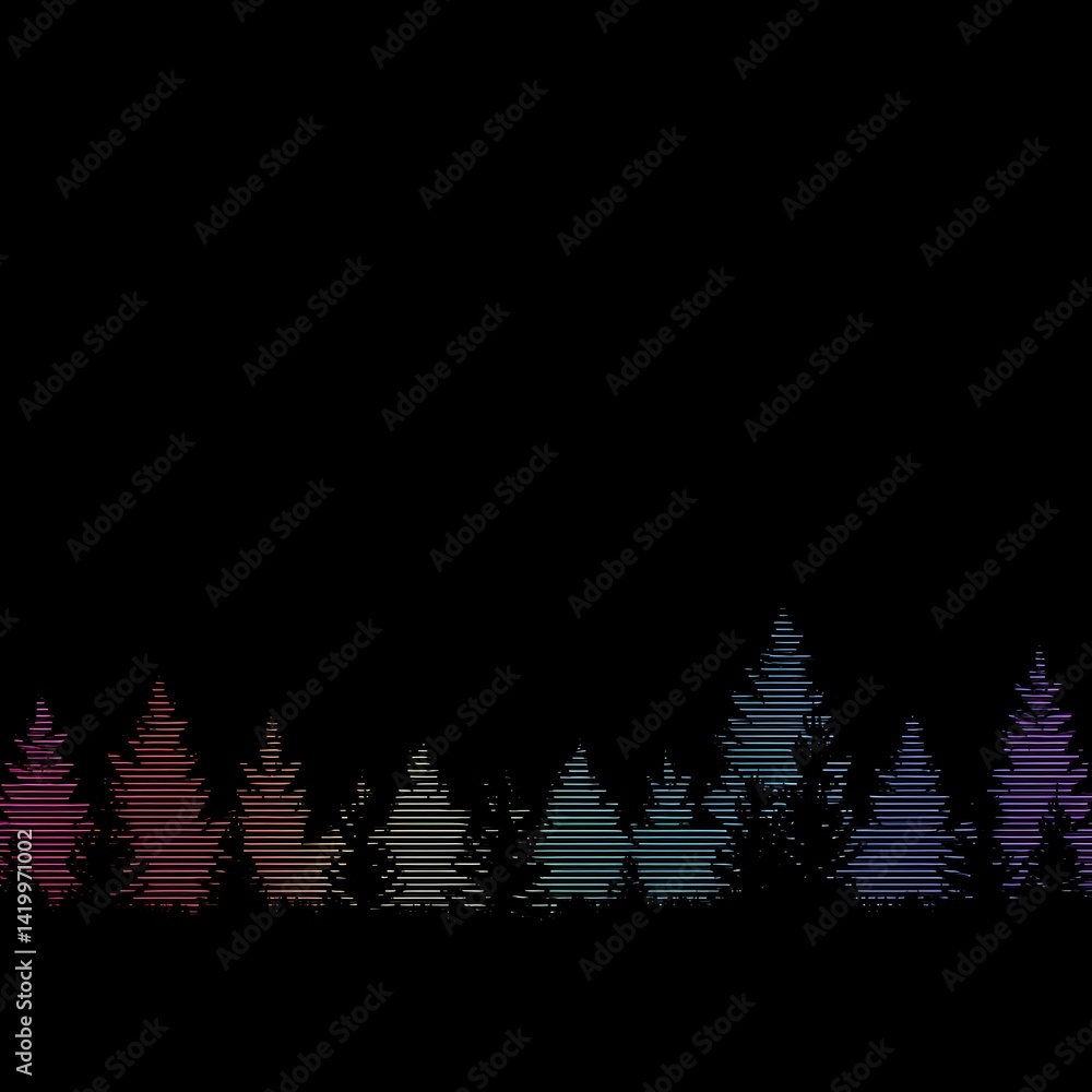 Poster abstract forest of striped trees on black background modern visual art design with color gradient.