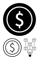 Dollar sign in bold coin format, blockchain network diagram, and light bulb outline. Ideal for fintech, innovation, cryptocurrency, blockchain, startup, finance and simple landing page