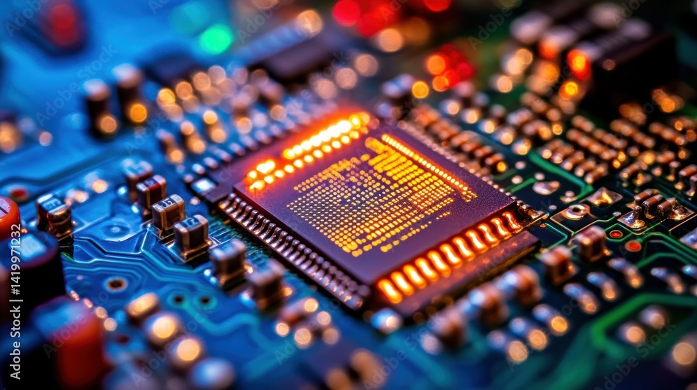 Poster close up image of a glowing circuit board component