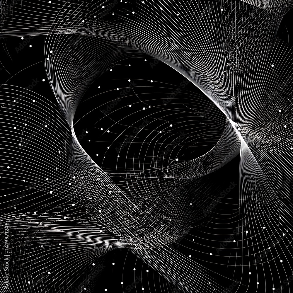 Poster abstract futuristic net composition with geometric shapes and scattered tiny spheres in dark void.