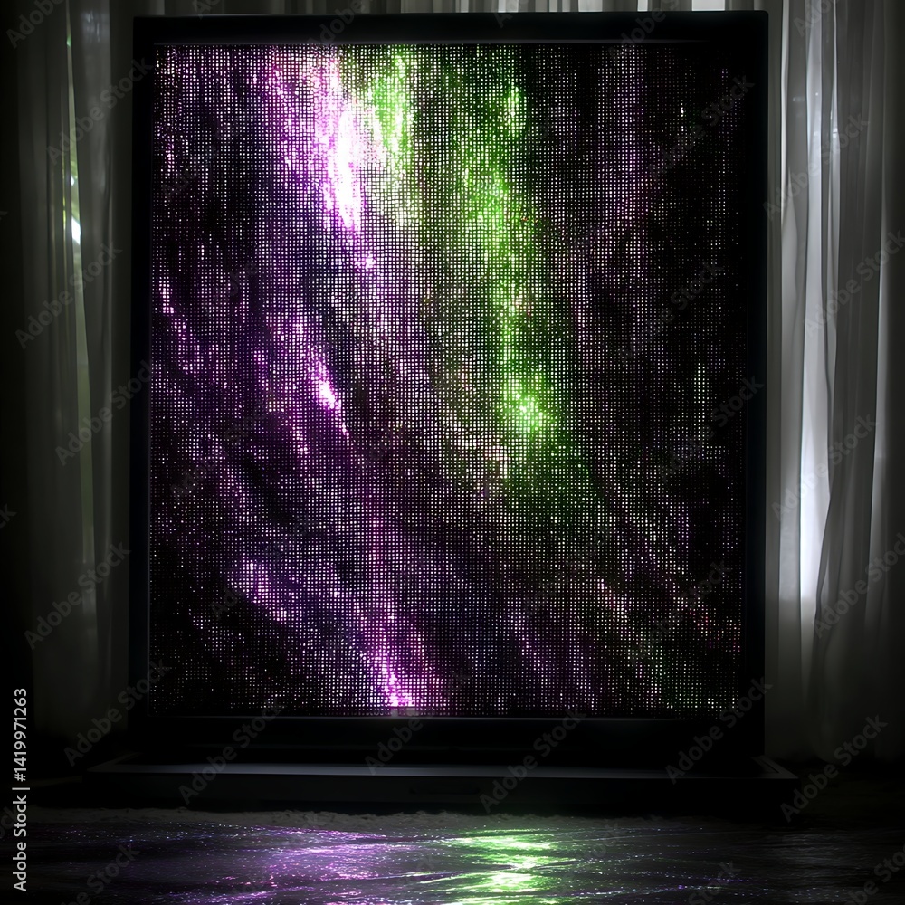 Poster abstract galactic display of light and shade through a textured panel in a minimalist space.