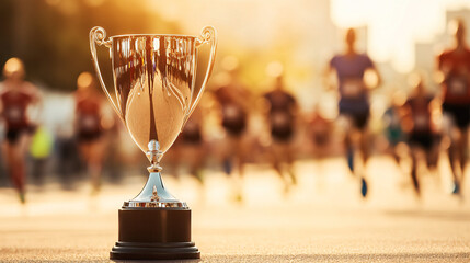 Bright Trophy in Focus with Runners in Background during Race Event