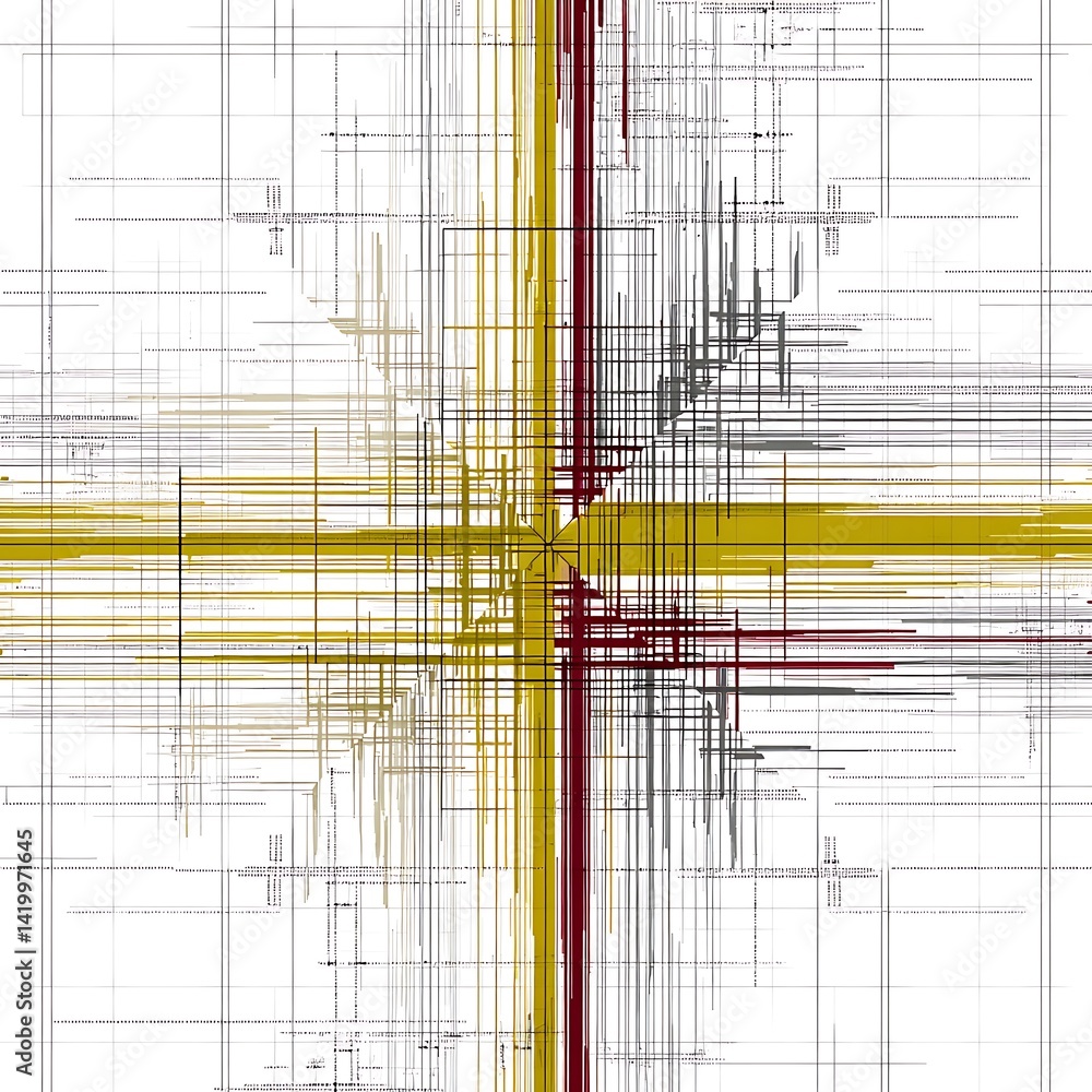 Poster abstract geometric composition with intersecting lines and linear pattern on white backdrop art.
