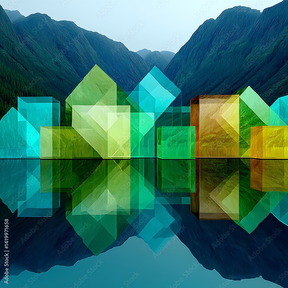 Poster abstract geometric composition with mountainscape reflecting cubes and polyhedral forms art.