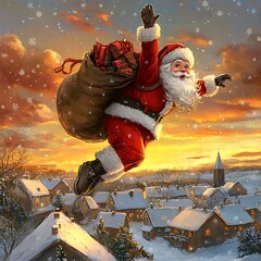 Santa Claus Flying Over Snowy Village at Sunset
