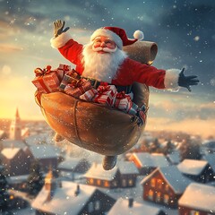 Santa Claus Flying Over Snowy Village at Sunset