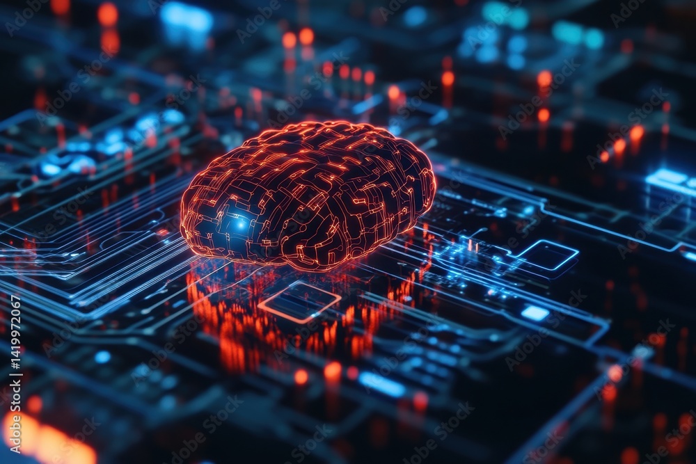Poster digital brain model showcasing neural connections on circuit board design