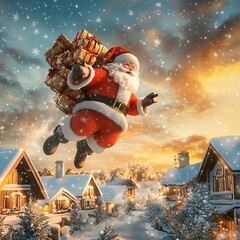 Santa Claus Flying Over Snowy Village at Sunset