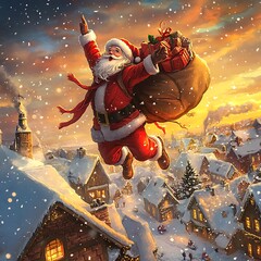 Santa Claus Flying Over Snowy Village at Sunset