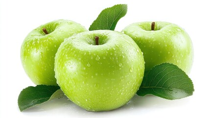 Three ripe green apples with water droplets and leaves