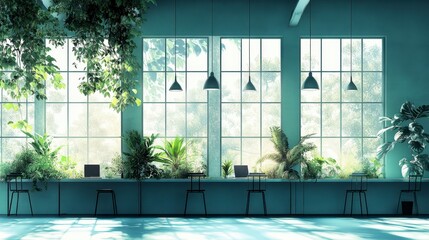 Fototapeta premium Sunlit modern workspace with large windows, greenery, and minimalist furniture. 