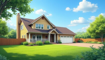 Obraz premium Beautiful suburban house with landscaped lawn, trees, and blue sky on a sunny day