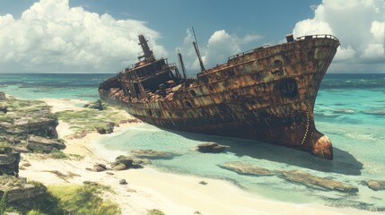 Fototapeta premium An island where shipwrecks decorate the coastline, their rusted remains whispering lost tales.