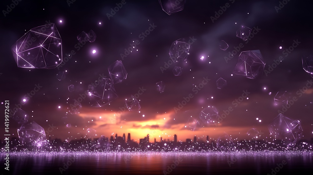 Poster abstract geometric structures floating above city skyline during atmospheric twilight hour.