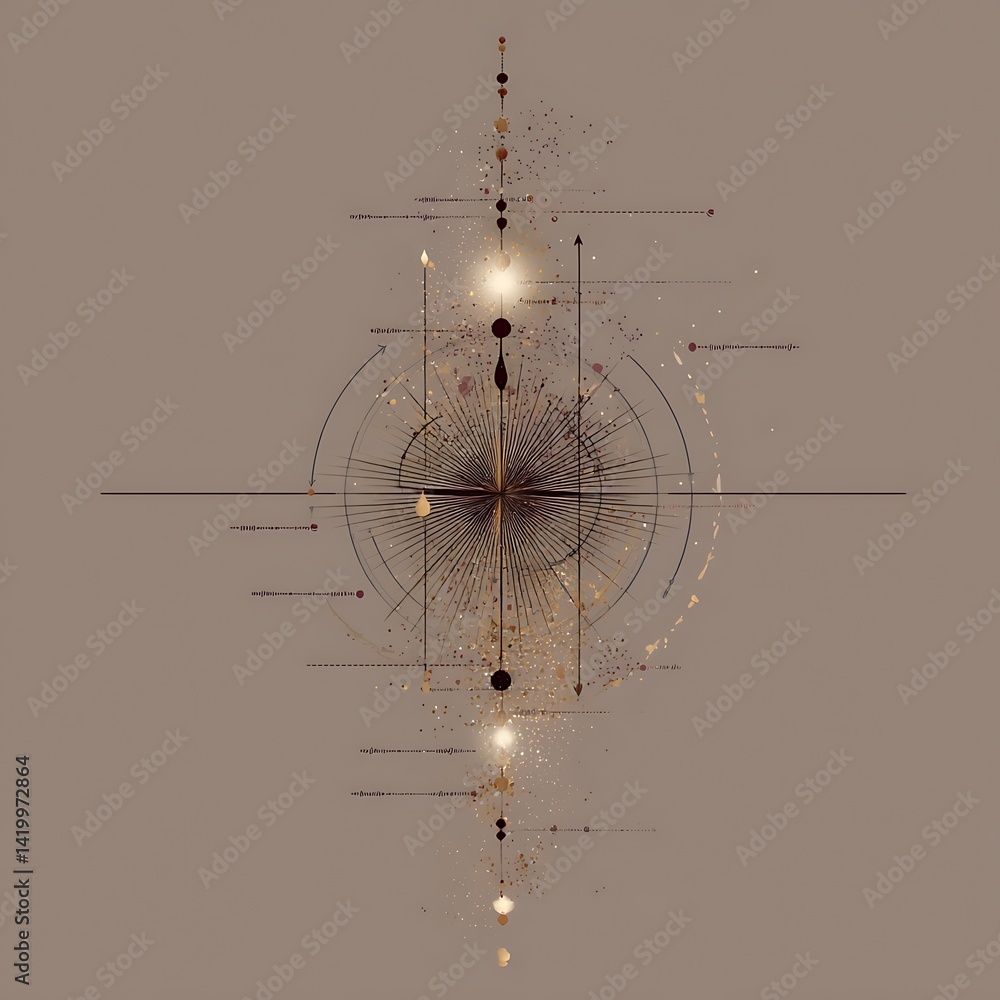 Poster abstract geometrical artwork with circles lines and a golden glow illuminating artistic conception.